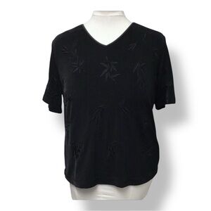 Together Women’s Short Sleeve V Neck Embroidered Knit Blouse VTG 90s Black L